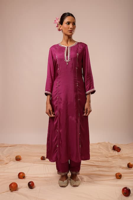 Buy_Kalakari By Akanksha_Purple Chanderi Silk, Chanderi, Silk, Organza Embroidery Round A-line Kurta Set _Online_at_Aza_Fashions