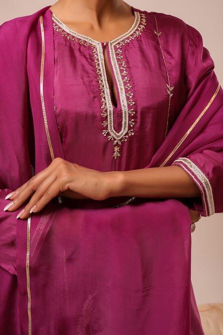 Shop_Kalakari By Akanksha_Purple Chanderi Silk, Chanderi, Silk, Organza Embroidery Round A-line Kurta Set _Online_at_Aza_Fashions