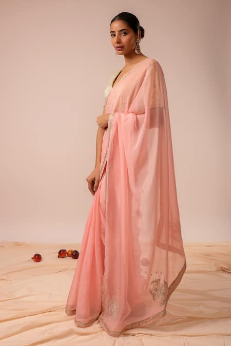 Kalakari By Akanksha_Pink Organza, Chanderi Silk Embroidery Round Neck Baby Saree And Blouse Set _Online_at_Aza_Fashions