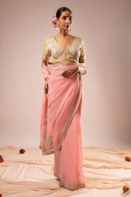 Buy_Kalakari By Akanksha_Pink Organza, Chanderi Silk Embroidery Round Neck Baby Saree And Blouse Set _Online_at_Aza_Fashions