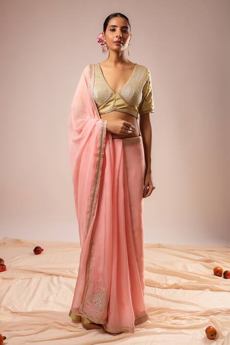 Shop_Kalakari By Akanksha_Pink Organza, Chanderi Silk Embroidery Round Neck Baby Saree And Blouse Set _Online_at_Aza_Fashions