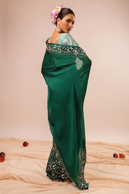 Kalakari By Akanksha Dark Green Hand Embroidered Saree Set 