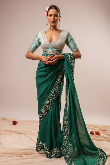Buy_Kalakari By Akanksha_Green Organza, Chanderi, Silk Embroidery V-neck Dark Hand Saree Set _Online_at_Aza_Fashions
