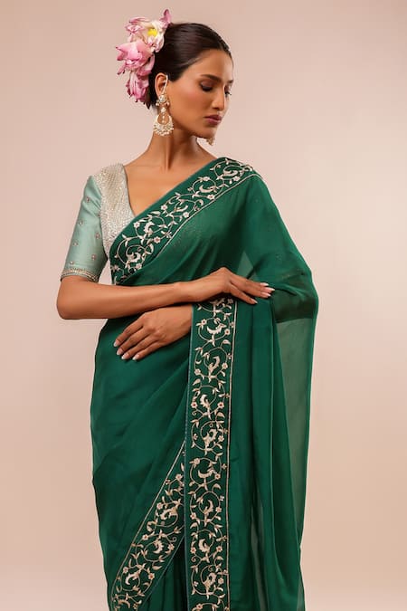 Shop_Kalakari By Akanksha_Green Organza, Chanderi, Silk Embroidery V-neck Dark Hand Saree Set _Online_at_Aza_Fashions
