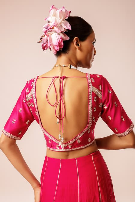 Shop_Kalakari By Akanksha_Magenta Embroidery Round Neck Pink Lehenga Set _Online_at_Aza_Fashions