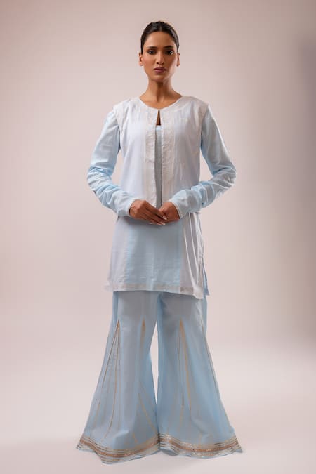 Kalakari By Akanksha Blue Cotton, Kota Doria Embroidery Round Neck Designer Kurta Set