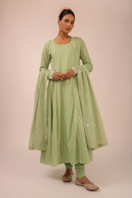 Kalakari By Akanksha Olive Green Cotton, Kota Doria Embroidery Round Neck Designer Kurta Set