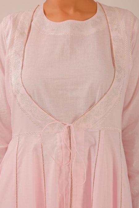 Kalakari By Akanksha_Rose Gold Cotton, Kota Doria Embroidery Round Neck Pink Anarkali Suit Set _Online_at_Aza_Fashions