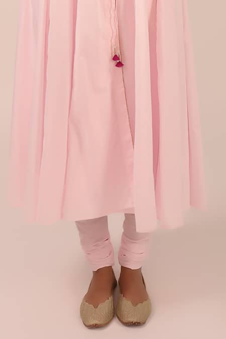 Buy_Kalakari By Akanksha_Rose Gold Cotton, Kota Doria Embroidery Round Neck Pink Anarkali Suit Set _Online_at_Aza_Fashions