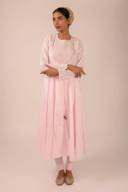 Shop_Kalakari By Akanksha_Rose Gold Cotton, Kota Doria Embroidery Round Neck Pink Anarkali Suit Set _Online_at_Aza_Fashions