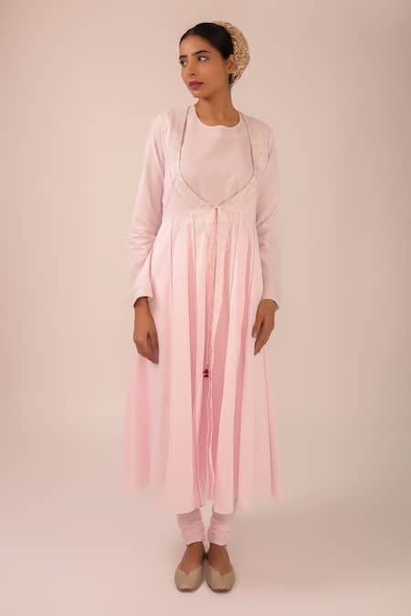 Kalakari By Akanksha_Rose Gold Cotton, Kota Doria Embroidery Round Neck Pink Anarkali Suit Set _at_Aza_Fashions