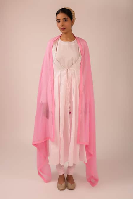 Kalakari By Akanksha Rose Gold Cotton, Kota Doria Embroidery Round Neck Pink Anarkali Suit Set