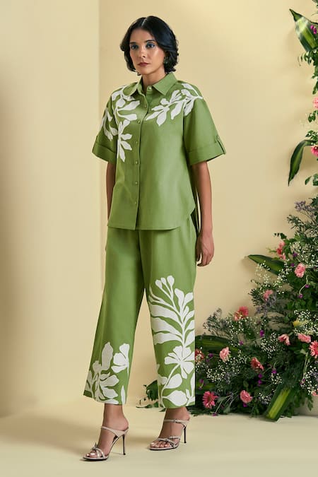 Buy_Origani_Green Linen Embroidery Collared Chanderi Silk Shirt And Pant Set _Online_at_Aza_Fashions