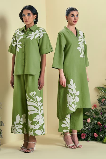 Shop_Origani_Green Linen Embroidery Collared Chanderi Silk Shirt And Pant Set _Online_at_Aza_Fashions