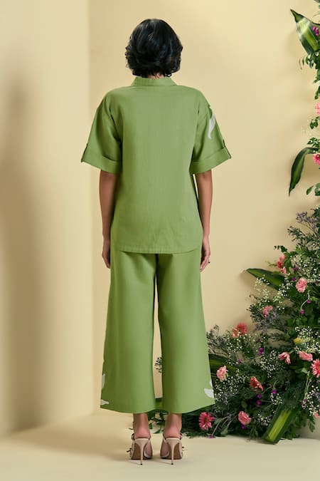 Shop Origani Green Linen Embroidery, Applique Collared Blend Shirt at Aza Fashions Shop_Origani_Green Linen Embroidery, Applique Collared Blend Shirt _at_Aza_Fashions