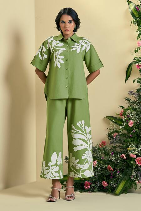 Shop Origani Green Linen Embroidery, Applique Collared Blend Shirt Online at Aza Fashions Shop_Origani_Green Linen Embroidery, Applique Collared Blend Shirt _Online_at_Aza_Fashions