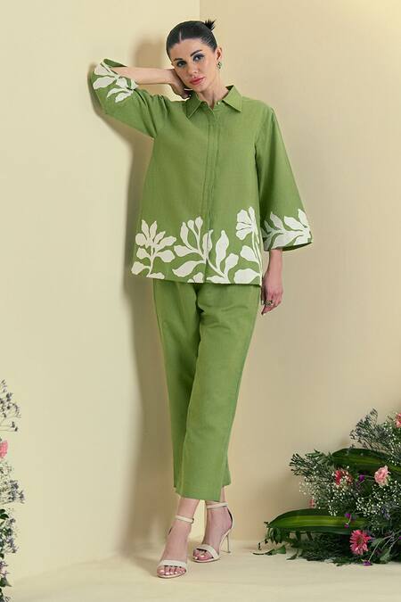 Buy Origani Green Linen Embroidery Collared Blend Shirt Online at Aza Fashions Buy_Origani_Green Linen Embroidery Collared Blend Shirt _Online_at_Aza_Fashions