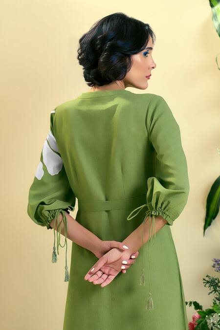 Origani Green Linen Embroidery, Applique Round Neck Blend Dress Online at Aza Fashions Origani_Green Linen Embroidery, Applique Round Neck Blend Dress _Online_at_Aza_Fashions