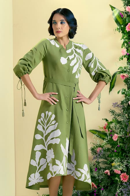 Buy Origani Green Linen Embroidery, Applique Round Neck Blend Dress Online at Aza Fashions Buy_Origani_Green Linen Embroidery, Applique Round Neck Blend Dress _Online_at_Aza_Fashions