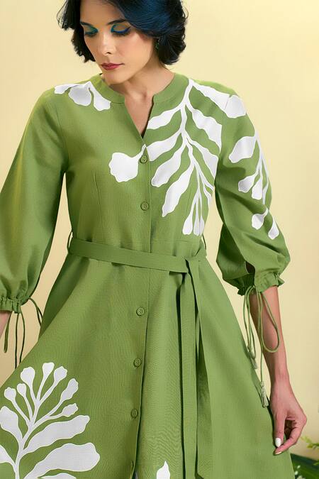 Shop Origani Green Linen Embroidery, Applique Round Neck Blend Dress Online at Aza Fashions Shop_Origani_Green Linen Embroidery, Applique Round Neck Blend Dress _Online_at_Aza_Fashions