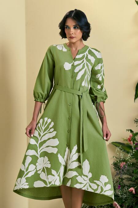 Origani Green Linen Embroidery, Applique Round Neck Blend Dress at Aza Fashions Origani_Green Linen Embroidery, Applique Round Neck Blend Dress _at_Aza_Fashions