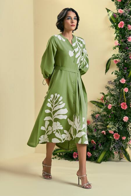 Buy Origani Green Linen Embroidery, Applique Round Neck Blend Dress Buy_Origani_Green Linen Embroidery, Applique Round Neck Blend Dress