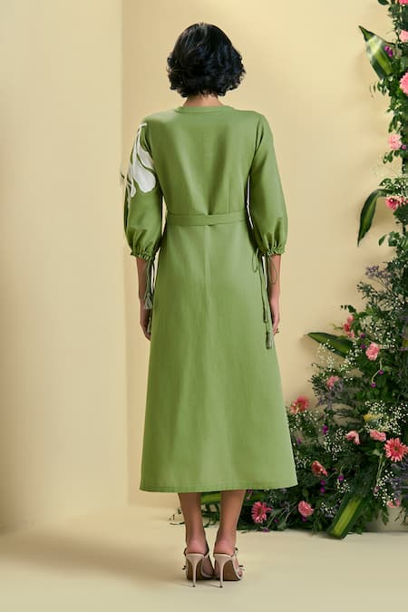 Origani Green Embroidered Linen Blend Dress 