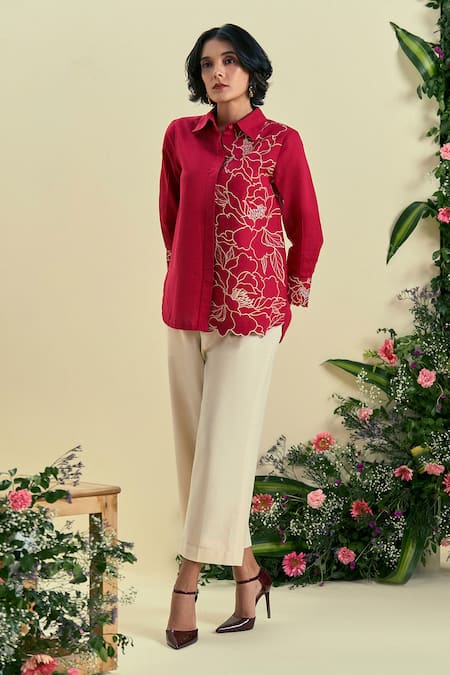 Origani Red Linen Embroidery Collared Thread Blend Shirt Set 