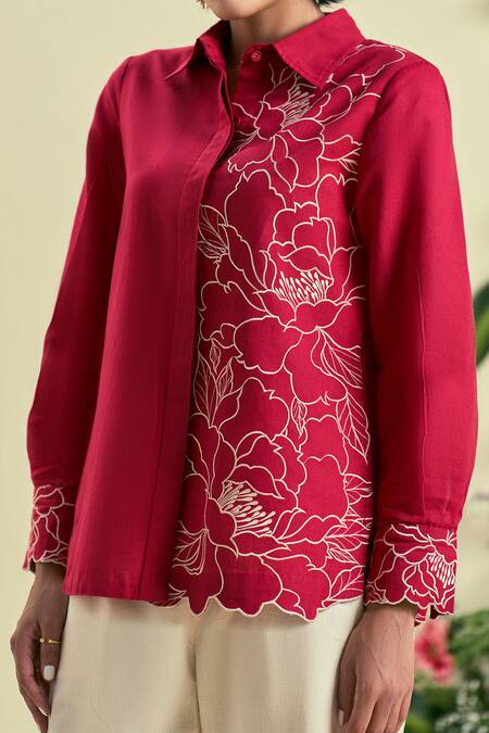 Origani Red Linen Embroidery Collared Thread Blend Shirt Set Online at Aza Fashions Origani_Red Linen Embroidery Collared Thread Blend Shirt Set _Online_at_Aza_Fashions