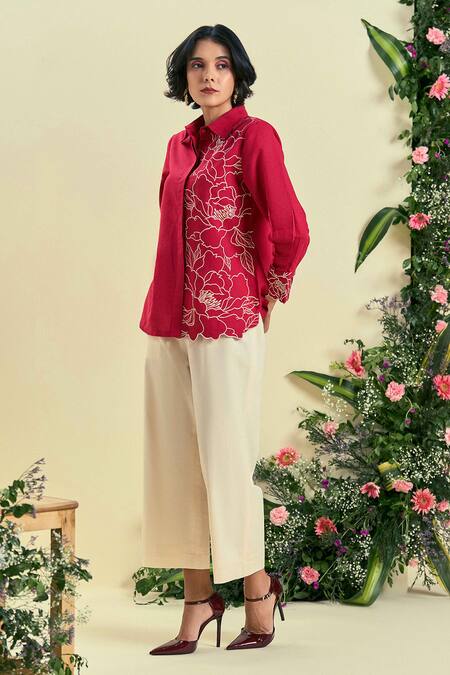 Buy Origani Red Linen Embroidery Collared Thread Blend Shirt Set Online at Aza Fashions Buy_Origani_Red Linen Embroidery Collared Thread Blend Shirt Set _Online_at_Aza_Fashions