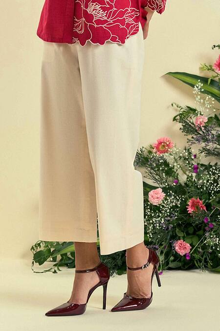 Origani_Red Linen Embroidery Collared Thread Shirt _Online_at_Aza_Fashions