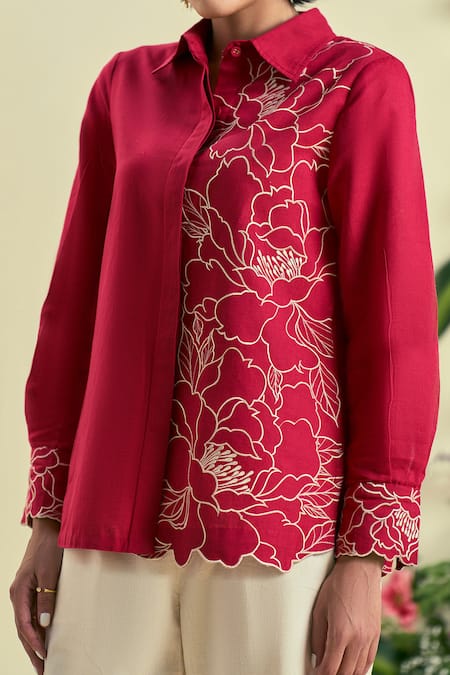 Shop_Origani_Red Linen Embroidery Collared Thread Shirt _Online_at_Aza_Fashions