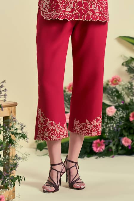 Origani_Red Linen Embroidery Collared Thread Shirt And Pant Set _Online_at_Aza_Fashions