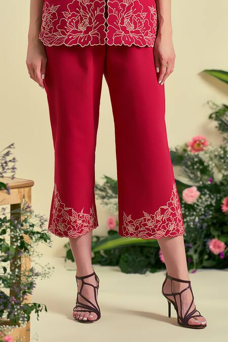 Shop_Origani_Red Linen Embroidery Collared Thread Shirt And Pant Set 