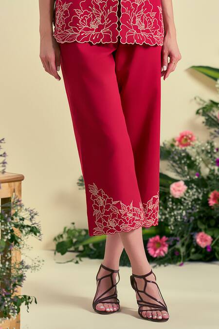 Buy_Origani_Red Linen Embroidery Thread Pant _Online_at_Aza_Fashions