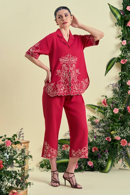 Buy_Origani_Red Linen Embroidery Thread Pant 