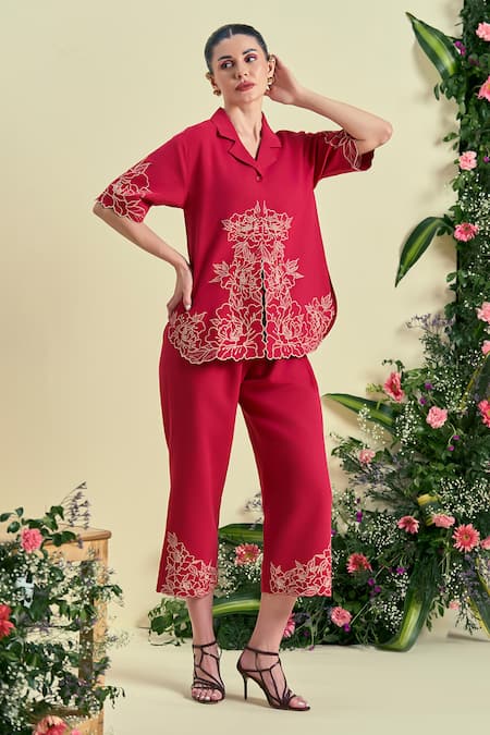 Buy_Origani_Red Linen Embroidery Collared Thread Shirt _Online_at_Aza_Fashions