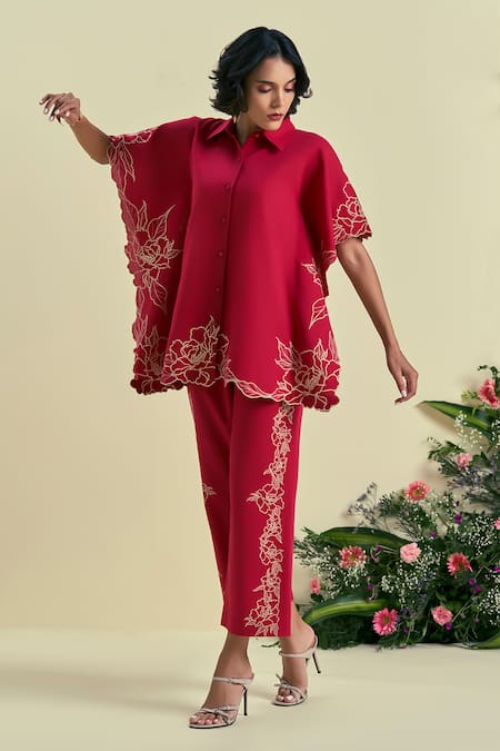 Origani Red Linen Embroidery Collared Thread Shirt And Pant Set 