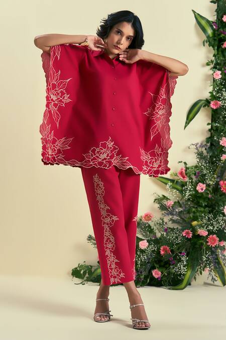 Origani_Red Linen Embroidery Collared Thread Shirt And Pant Set _Online_at_Aza_Fashions