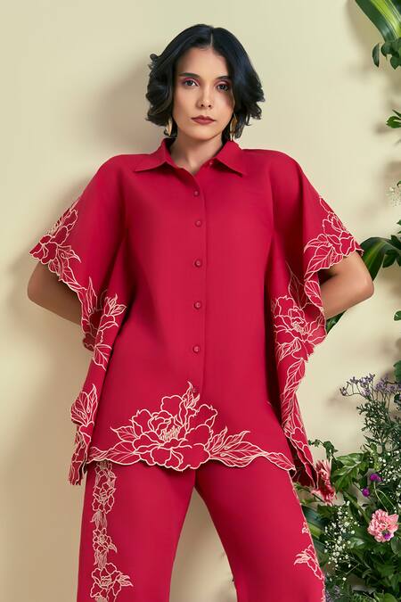 Shop_Origani_Red Linen Embroidery Collared Thread Shirt And Pant Set _Online_at_Aza_Fashions