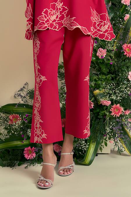 Buy_Origani_Red Linen Embroidery Collared Thread Shirt And Pant Set 