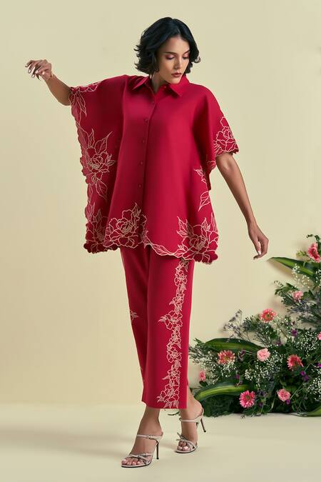 Origani_Red Linen Embroidery Thread Pant _Online_at_Aza_Fashions