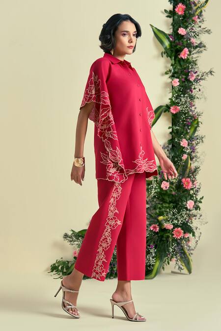 Buy_Origani_Red Linen Embroidery Thread Pant _Online_at_Aza_Fashions