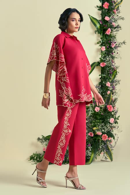 Buy_Origani_Red Linen Embroidery Collared Thread Shirt _Online_at_Aza_Fashions