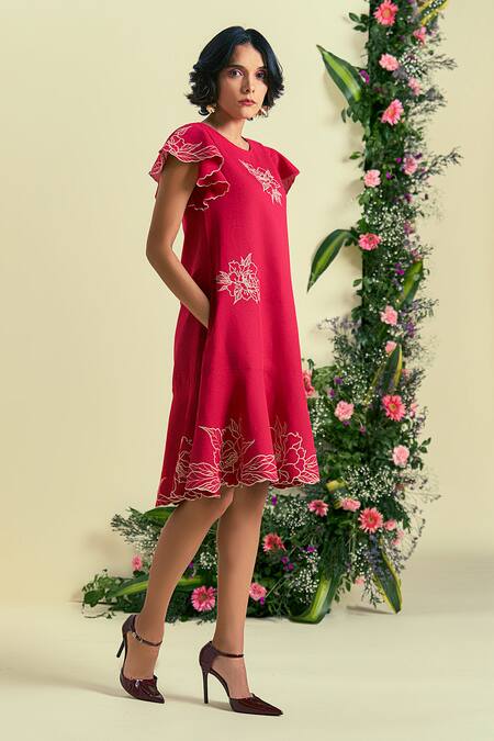 Origani_Red Linen Embroidery Round Neck Thread Dress _Online_at_Aza_Fashions