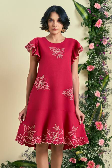 Shop_Origani_Red Linen Embroidery Round Neck Thread Dress _Online_at_Aza_Fashions