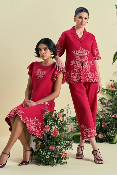 Origani_Red Linen Embroidery Round Neck Thread Dress _at_Aza_Fashions