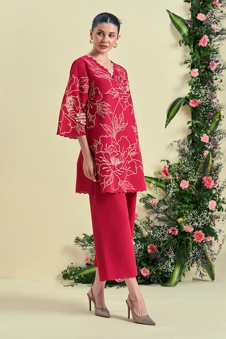 Shop_Origani_Red Linen Embroidery V-neck Thread Kurta With Pant _Online_at_Aza_Fashions