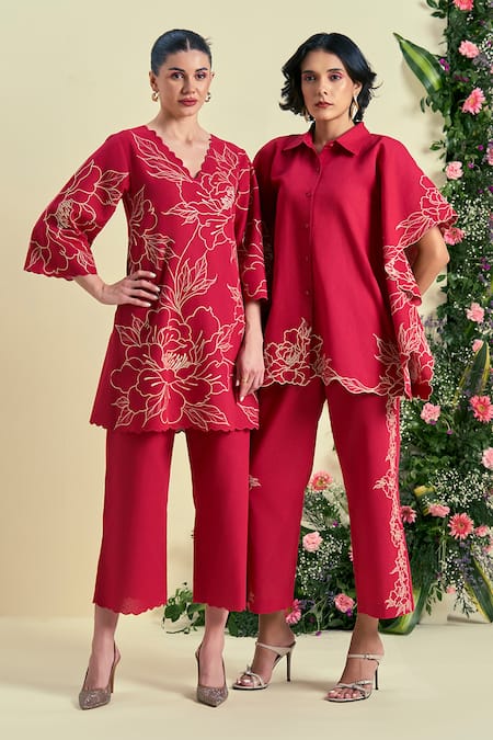 Buy_Origani_Red Linen Embroidery V-neck Thread Kurta With Pant 