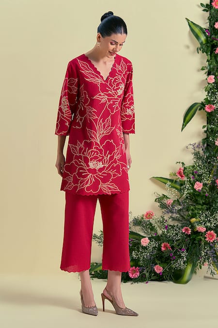 Origani Red Linen Floral Embroidered Pant